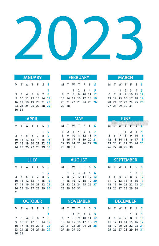 日历2023 -简单布局插图。一周从周一开始。日历设定为2023年